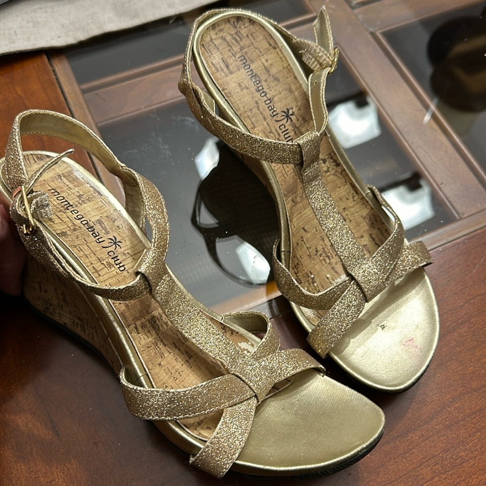 Gold strappy cork bottom sandals, 7.5 women’s